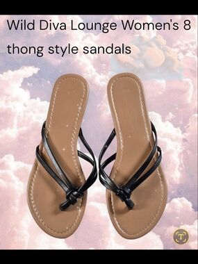 DIVA Lounge Womens 8 Black Strappy Thong Sandals with Tan Footbed